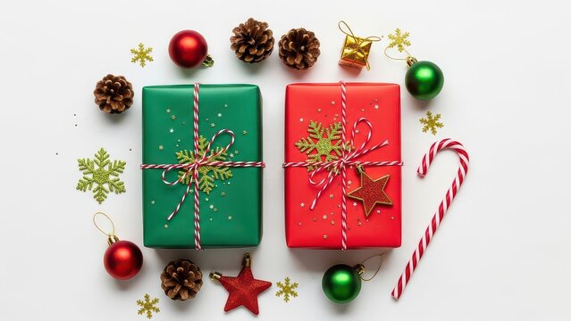 Festive christmas presents wrapped in green and red with ornaments pine cones and candy canes arranged in a circle