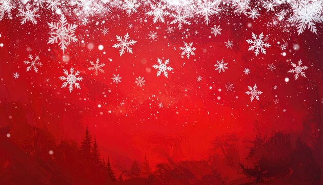 Vibrant red Christmas background with falling snowflakes and dark pine forest silhouette.