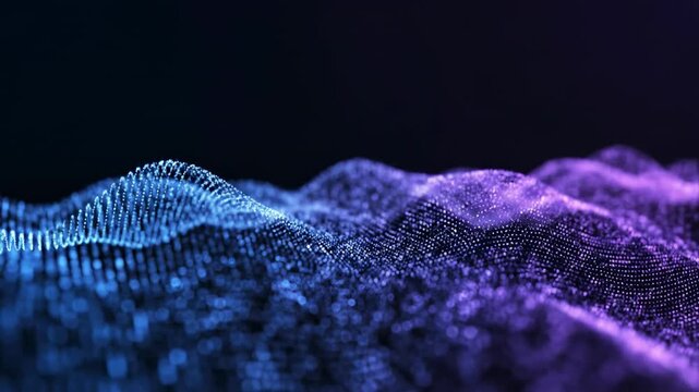 Seamlessly looping slow motion abstract digital wave function flowing and undulating across a deep blue and purple spectrum energy, analysis, deep blue