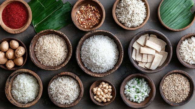 Overhead shot of various grains, spices, and ingredients in wooden bowls. The image showcases a variety of textures and colors, with a focus on natural food ele - Powered by Adobe