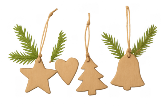 Rustic wooden christmas ornaments with pine needles and twine