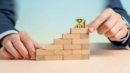 Businessman building steps to success with a trophy icon on top.