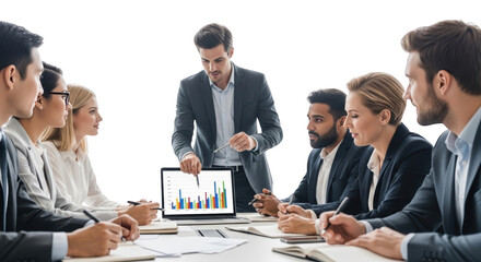 Diverse Business Team Discussing Data During a Meeting minimalist photography with business, meeting, presentation isolated background suitable for e-commerce display or marketing materials