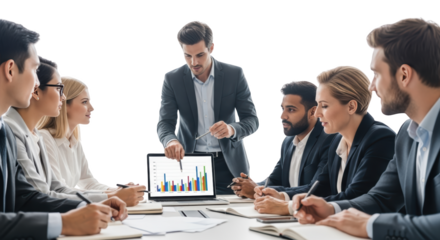 Diverse Business Team Discussing Data During a Meeting minimalist photography with business, meeting, presentation isolated background suitable for e-commerce display or marketing materials