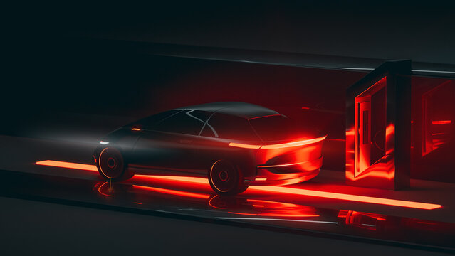 Electric car charges in a glowing, futuristic setting