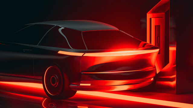 Electric car charges in a glowing, futuristic setting