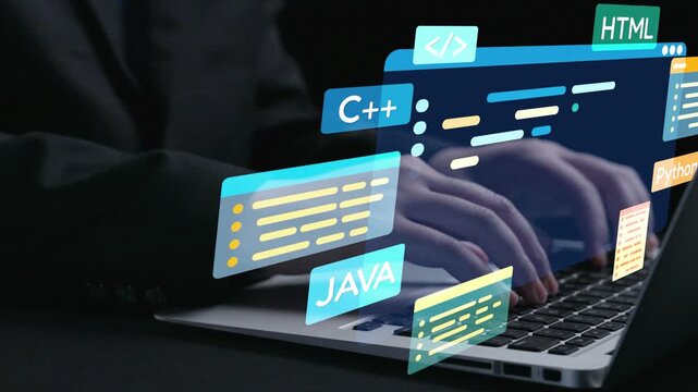 A close-up view of hands typing on a laptop, surrounded by visual elements representing various programming languages, symbolizing modern software development and technology innovation. Qubit
