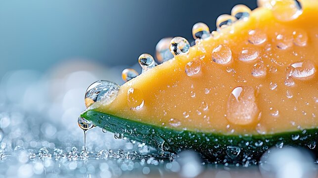 Close-up of water droplets on a leaf, with a blue background, showcasing macro photography.
