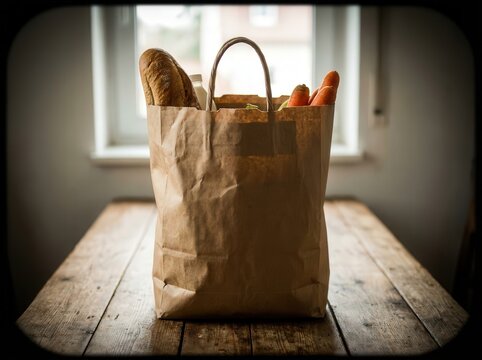 Paper grocery bag filled with fresh produce and bread on a rustic wooden table illuminated by natural light from a window. - Powered by Adobe