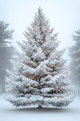 Obraz premium Magical winter wonderland featuring a snow covered Christmas tree glowing softly in the silent snowy landscape