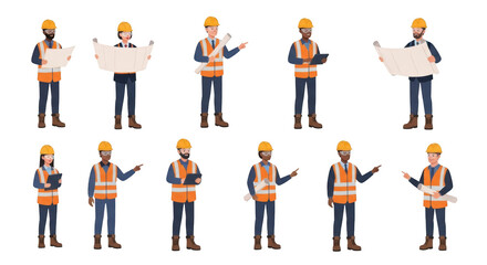 Stylish diverse construction workers and engineers team vector illustration set flat lay scene highlighting construction, engineer, worker perfect for catalog template or visual brand identity design