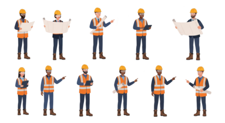 Stylish diverse construction workers and engineers team vector illustration set flat lay scene highlighting construction, engineer, worker perfect for catalog template or visual brand identity design