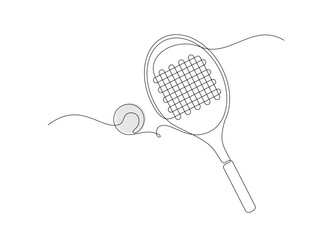 Single line drawing of tennis racket and tennis ball. Tennis and padel sport logo.