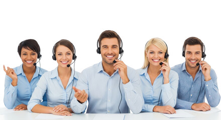 Diverse Customer Service Team Smiling with Headsets creative composition showing customer, service, call concept ideal for professional branding and digital marketing visuals
