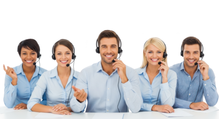 Diverse Customer Service Team Smiling with Headsets creative composition showing customer, service, call concept ideal for professional branding and digital marketing visuals