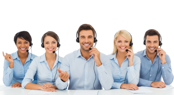 Diverse Customer Service Team Smiling with Headsets creative composition showing customer, service, call concept ideal for professional branding and digital marketing visuals - Powered by Adobe