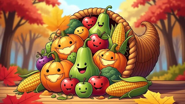 A vibrant cartoon cornucopia overflowing with smiling fruits and vegetables, set against a warm autumn forest backdrop.