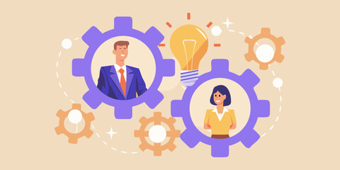 Business teamwork and innovation concept with gears lightbulb and people