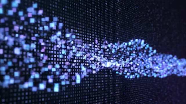 Seamlessly looping stream of vibrant blue and purple digital data flowing across a dark background composed entirely of moving square pixels background, connectivity, data