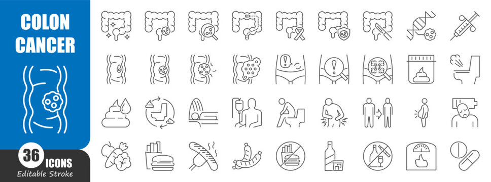 Colon cancer thin line icon . Editable stroke . Vector .