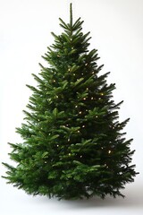 Fototapeta premium Celebrate the season with a classic fir Christmas tree adorned with twinkling lights against a crisp white backdrop