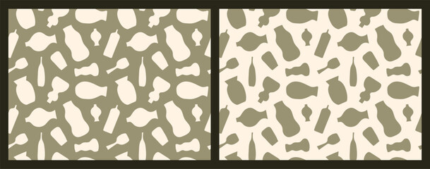 Set of two seamless boho patterns featuring abstract organic vase and pottery shapes on sage green and beige backgrounds