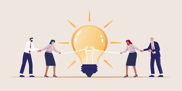 Business team tug of war with a giant light bulb idea concept