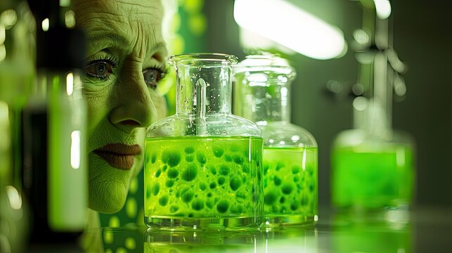 An older woman examines green liquid in laboratory bottles, lit with dramatic green lighting. The scene is indoors, in a science lab.