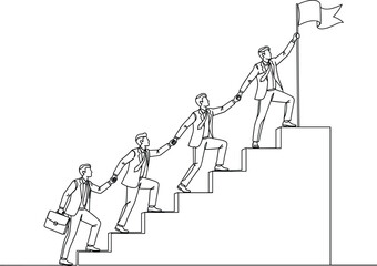 Business success illustration, teamwork climbing stairs, goal flag, leadership sketch, corporate collaboration drawing, men helping up steps, achievement concept, office motivation art