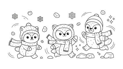 Winter's playful trio:  A playful group of winter animals enjoy the snowy day, surrounded by falling flakes. Illustrating the magic of winter and the innocence of youthful fun.