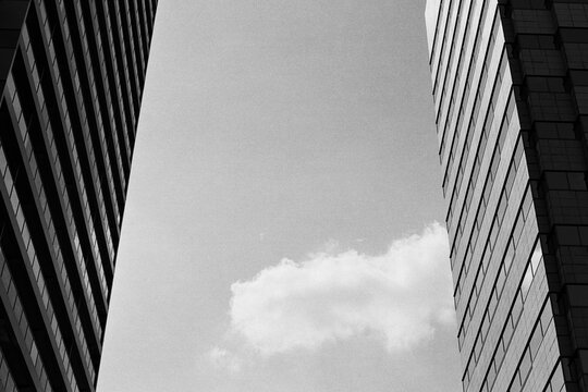 Urban skyscrapers framing sky and single cloud - Powered by Adobe