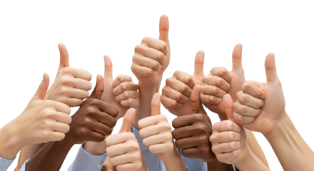 High resolution diverse hands giving thumbs up design mockup featuring thumbs up, approval, agreement on clean white background for product presentation use