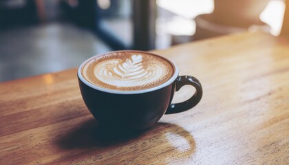 A black mug of latte art sits on a wooden table.