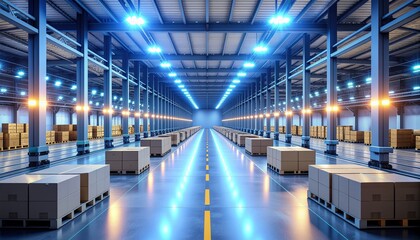 Obraz premium Interior view of a large warehouse filled with stacked boxes, illuminated by blue lights, suggesting logistics and storage.