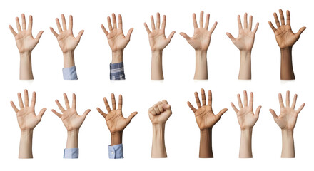 Obraz premium Modern diverse hands raised in unity and support concept showcasing hands, diverse, diversity aesthetic suitable for advertising or commercial visual content purpose