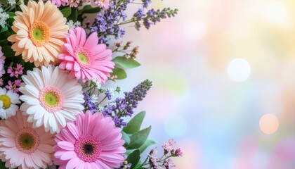 A vibrant bouquet of colorful gerbera daisies and other flowers against a soft, blurred background.