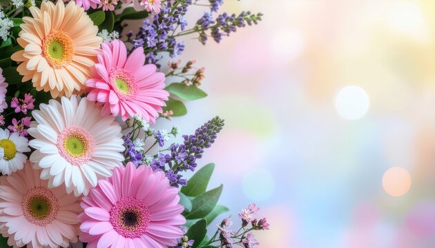 A vibrant bouquet of colorful gerbera daisies and other flowers against a soft, blurred background. - Powered by Adobe