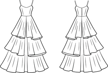 Layered dress illustration, spaghetti straps, ruffle tiered skirt, front and back view, evening gown sketch, party dress drawing, formal fashion line art, printable apparel design