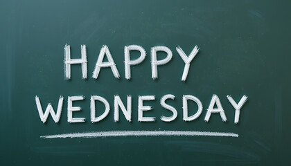 Obraz premium Motivational message written with chalk on a green blackboard wishing a happy wednesday to