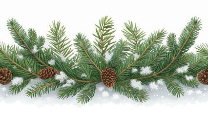 Vector christmas a festive border of green pine needles and brown pine cones covered in white snow on a white background