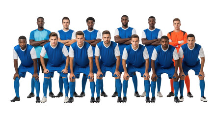 Modern diverse male soccer team posing confidently on white background concept showcasing soccer, football, team aesthetic suitable for advertising or commercial visual content purpose