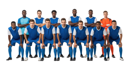 Modern diverse male soccer team posing confidently on white background concept showcasing soccer, football, team aesthetic suitable for advertising or commercial visual content purpose