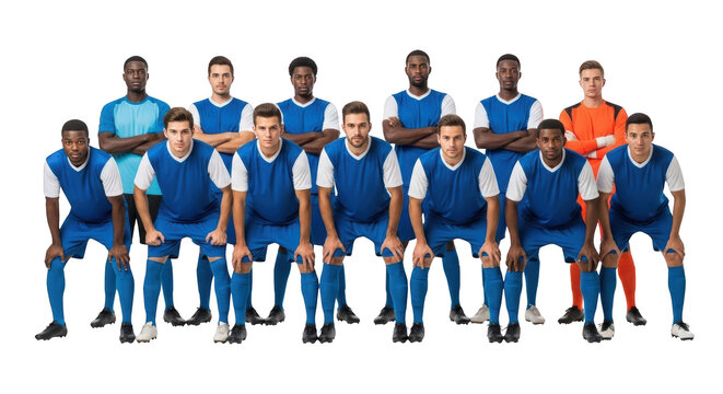 Modern diverse male soccer team posing confidently on white background concept showcasing soccer, football, team aesthetic suitable for advertising or commercial visual content purpose