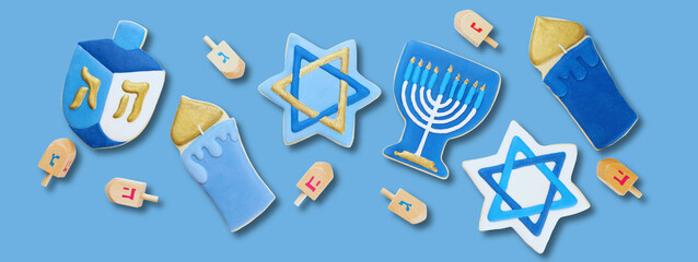 Decorative cookies in various shapes celebrating Hanukkah
