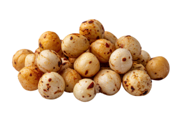 Pile of puffed lotus seeds with brown speckles on black background popped makhana, Isolated On White Background, Png Transparent