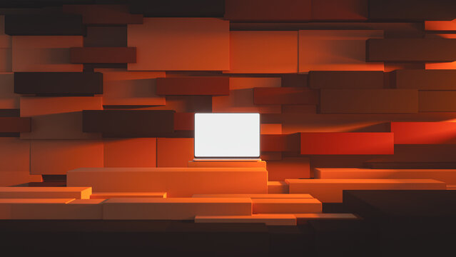 Modern laptop displayed in abstract 3D environment with warm tones