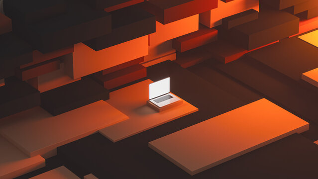 Modern laptop displayed in abstract 3D environment with warm tones