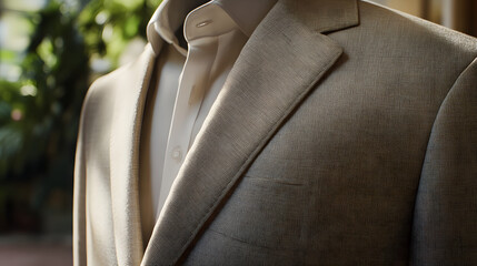Sophisticated tailored blazer with crisp white shirt exudes professional elegance, perfect for business branding and modern style guides with refined details