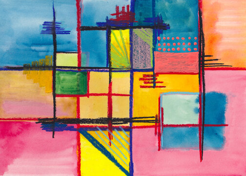 Colorful Abstract Geometric Grid with Mixed Media Art