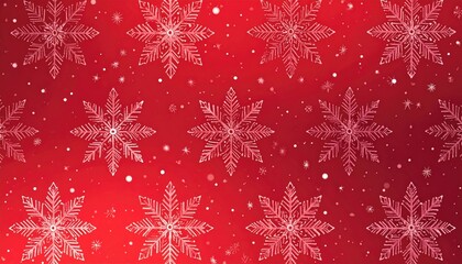 Festive Red Background with Intricate White Snowflakes and Falling Snow.